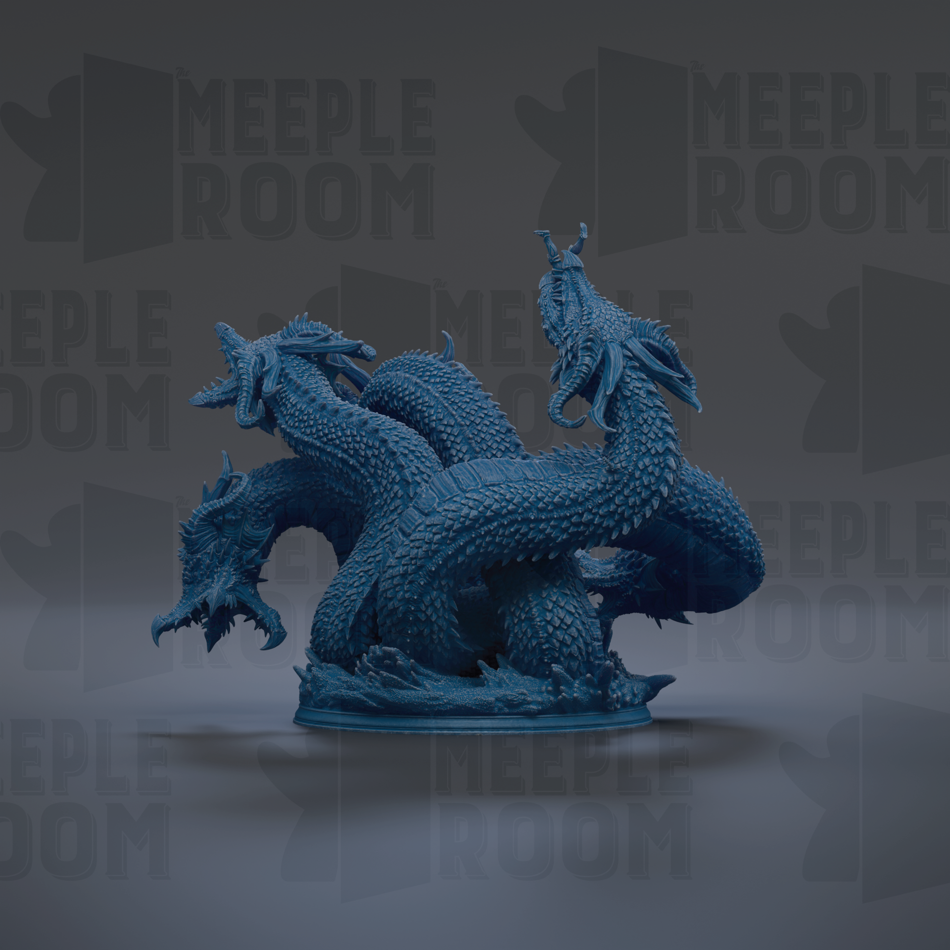 A 3D model of a blue, fantastical creature resembling a dragon or serpent, with multiple heads and a long, coiled body.