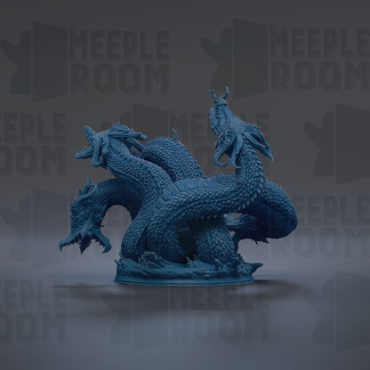 A 3D model of a blue, fantastical creature resembling a dragon or serpent, with multiple heads and a long, coiled body.