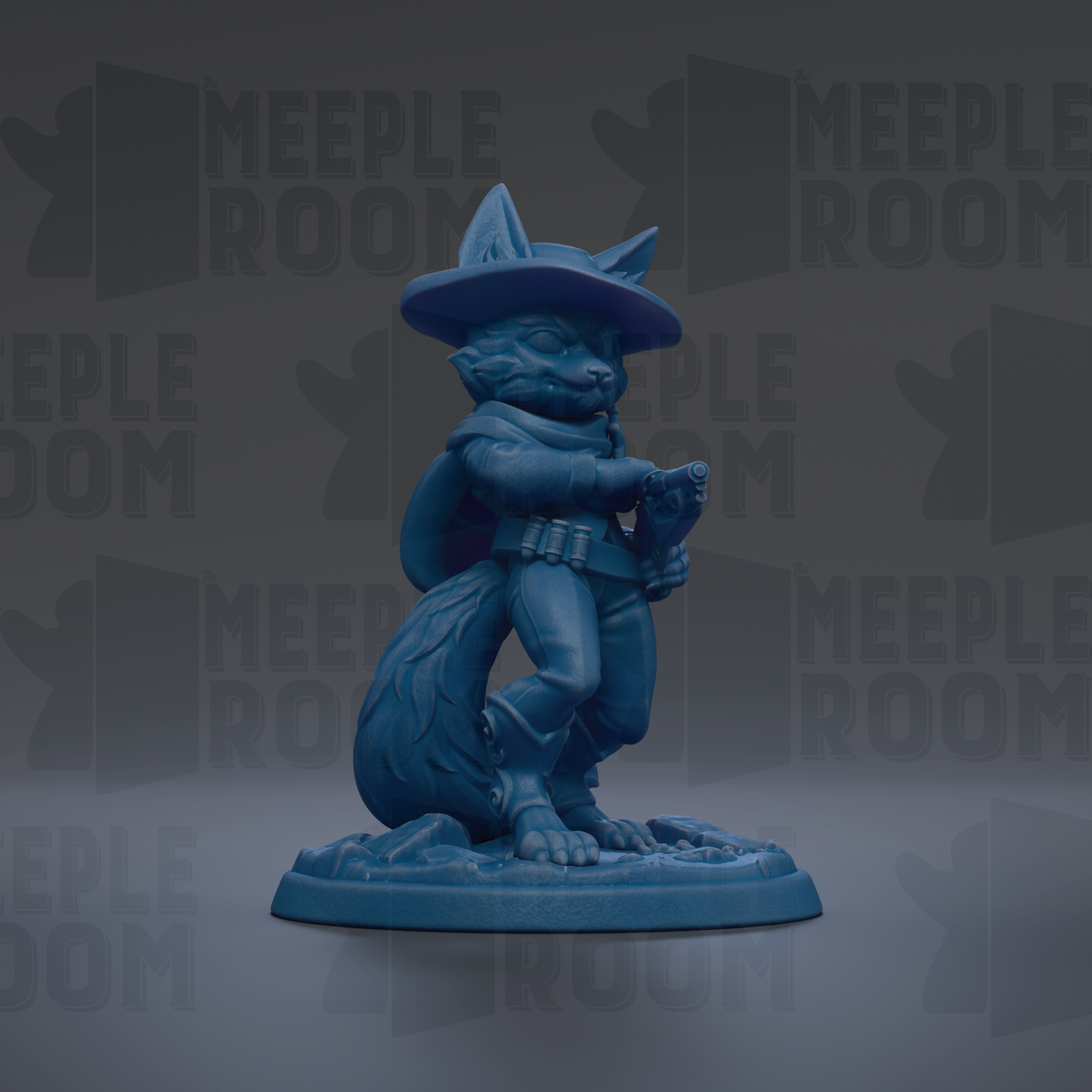 A blue figurine of a fox wearing a hat and holding a gun, standing on a base.