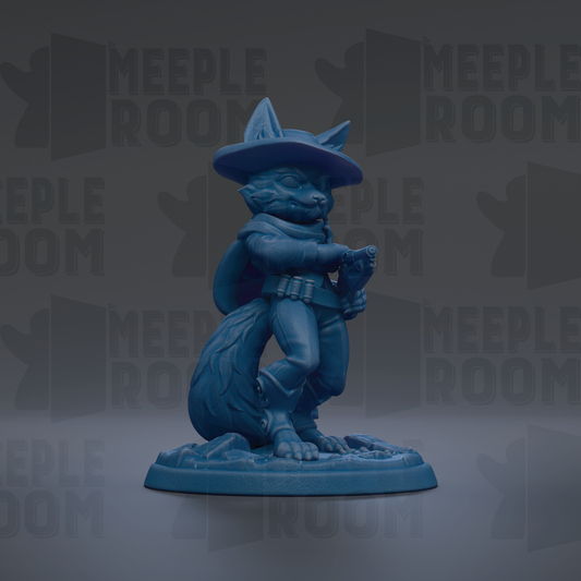 A blue figurine of a fox wearing a hat and holding a gun, standing on a base.