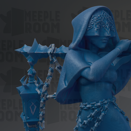A blue statue of a woman with a hooded cloak and a chain around her neck, holding a lantern.