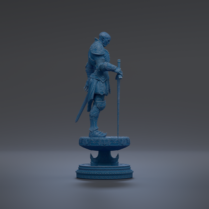 A blue statue of a knight holding a sword and shield, standing on a pedestal.