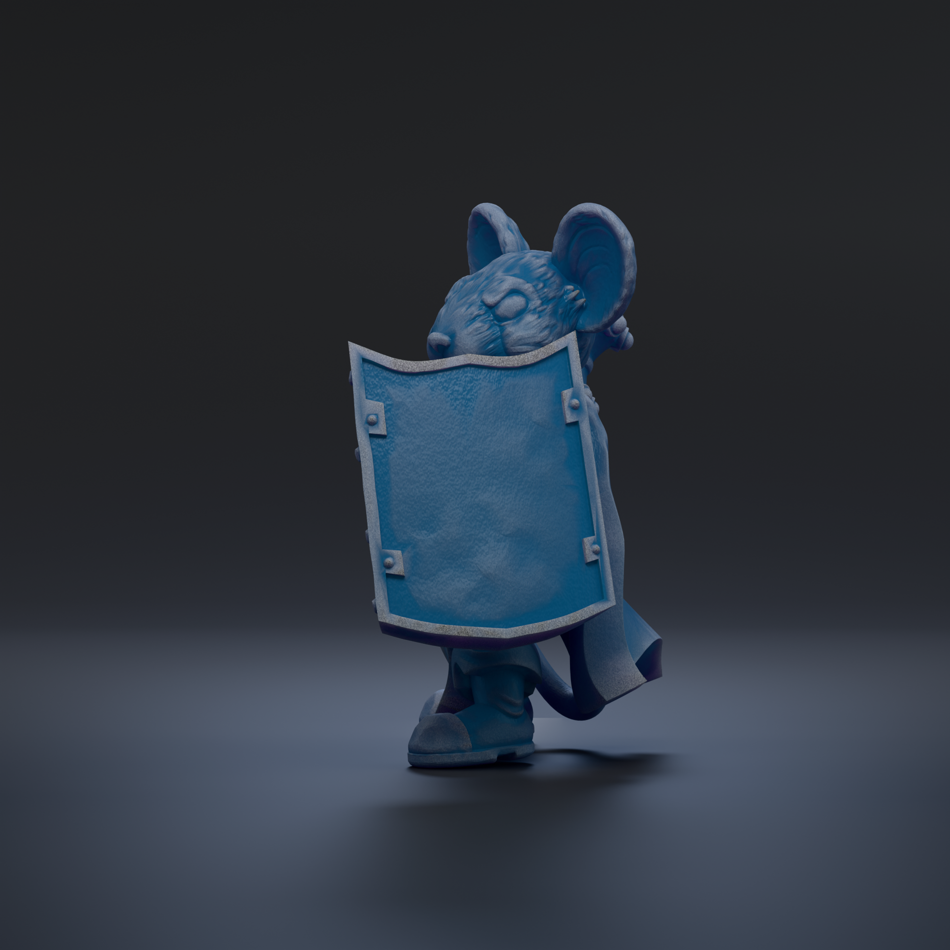 A blue, cartoon-like mouse holding a shield in a dark environment.