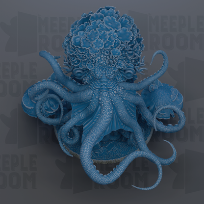 A large, intricate blue octopus sculpture with its tentacles spread out, set against a dark background with repeated text.