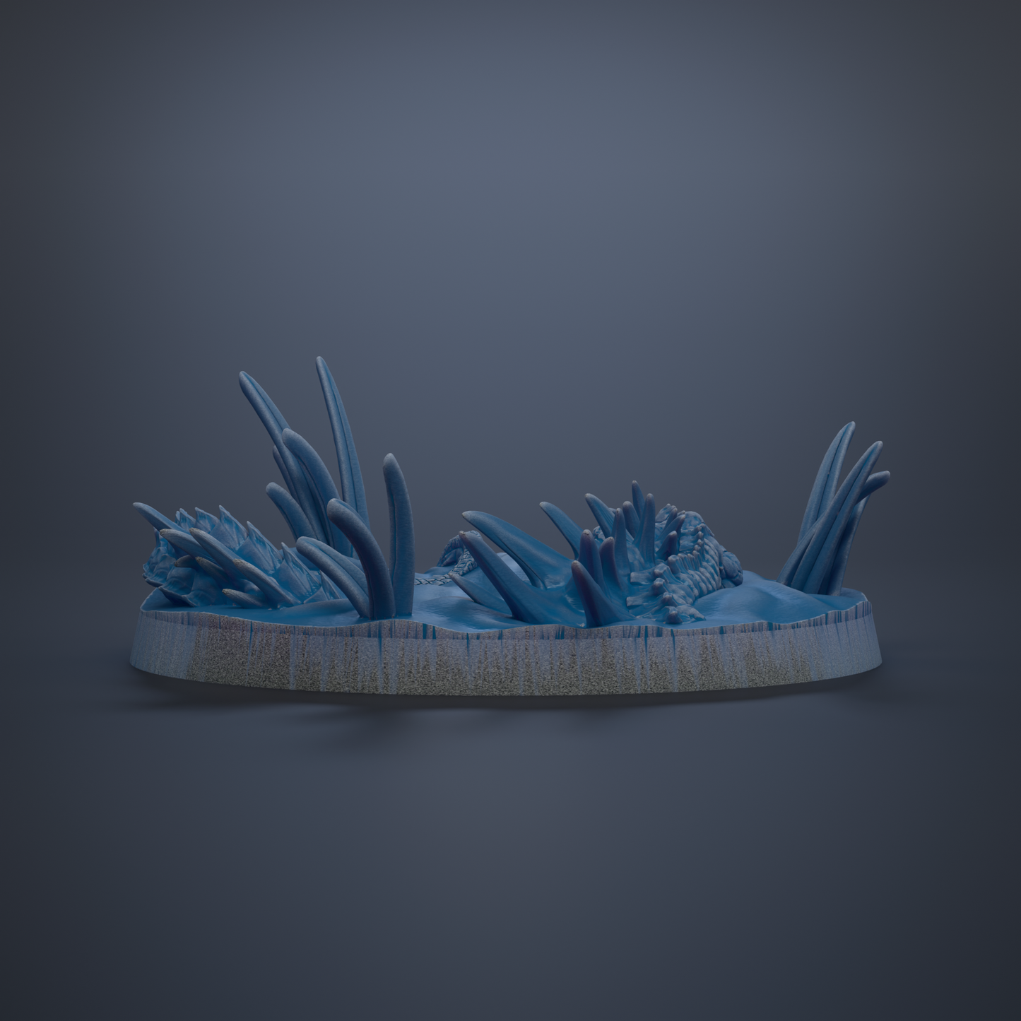 A 3D rendering of a blue, abstract sculpture with a textured surface, resembling a plant or aquatic creature.