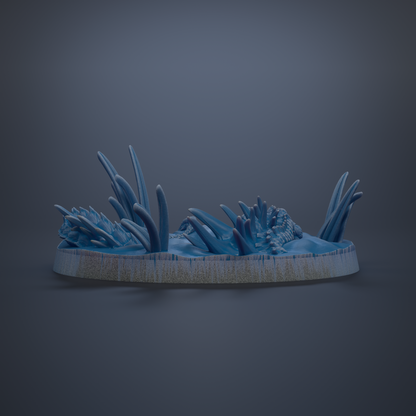 A 3D rendering of a blue, abstract sculpture with a textured surface, resembling a plant or aquatic creature.