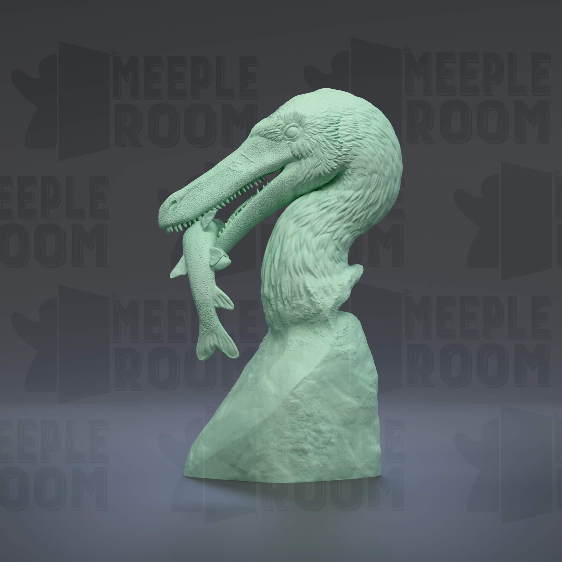 A green dinosaur head sculpture is shown holding a fish in its mouth against a dark background with repeated "MEEPLE ROOM" text.