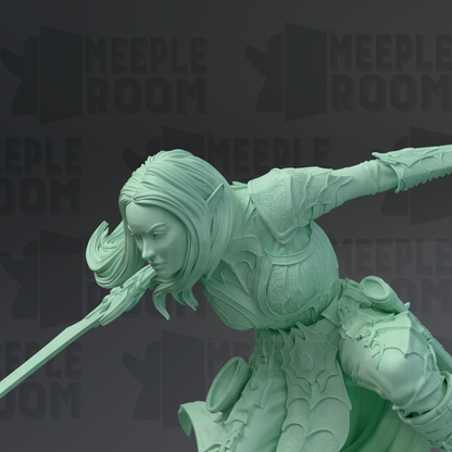 A 3D rendering of a female character with long hair, wearing a green outfit and wielding a weapon, set against a dark background with repeated text.