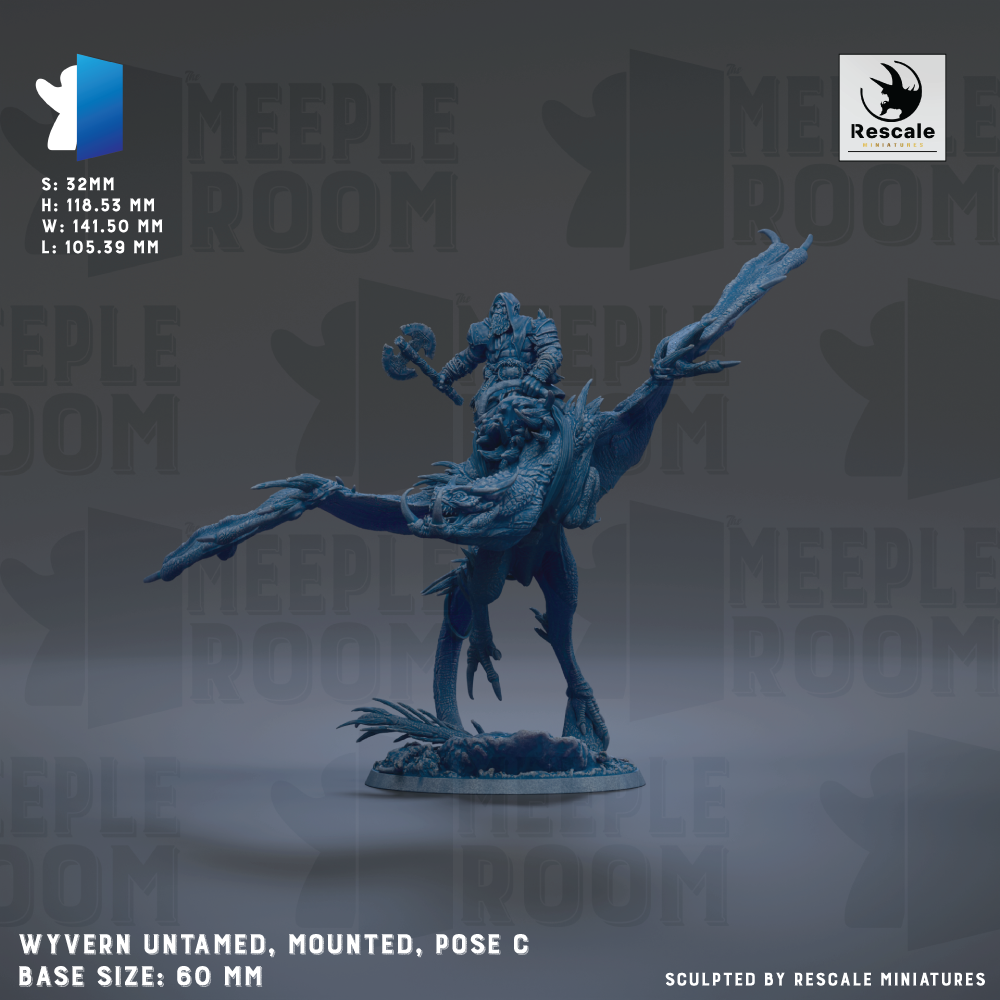 The image is a 3D model of a winged creature, possibly a dragon or mythical creature, mounted on a horse-like vehicle. The creature is shown in a posed stance, with its wings spread wide. The background of the image is dark, which contrasts with the figure and makes it stand out. The image is described as a "Wyvern Untamed, Mounted, Pose C" and is labeled as a "Base Size: 60 MM". It is also described as a "Collage of multiple images" and "Sculpted by Rescue Miniatures".
