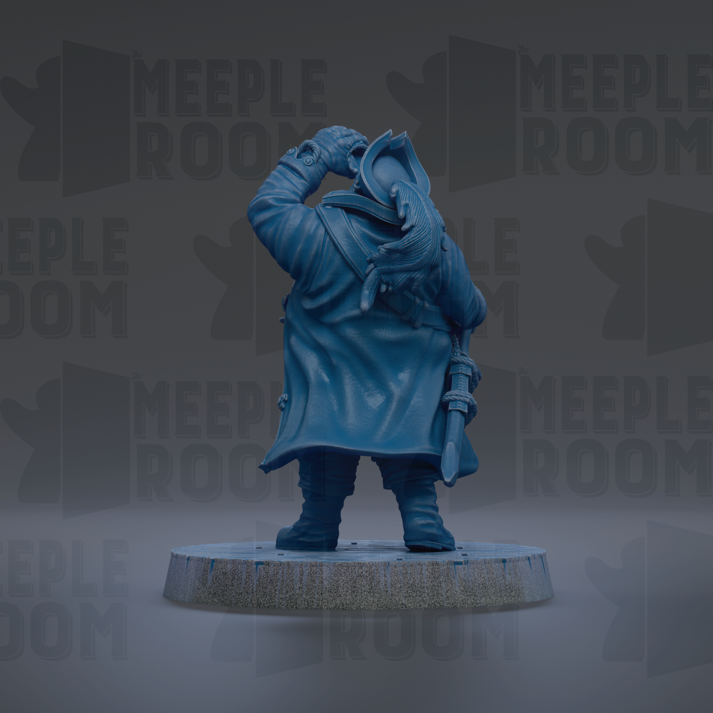 A blue figurine of a person standing on a pedestal, with the text "MEEPLE ROOM" repeated in the background.