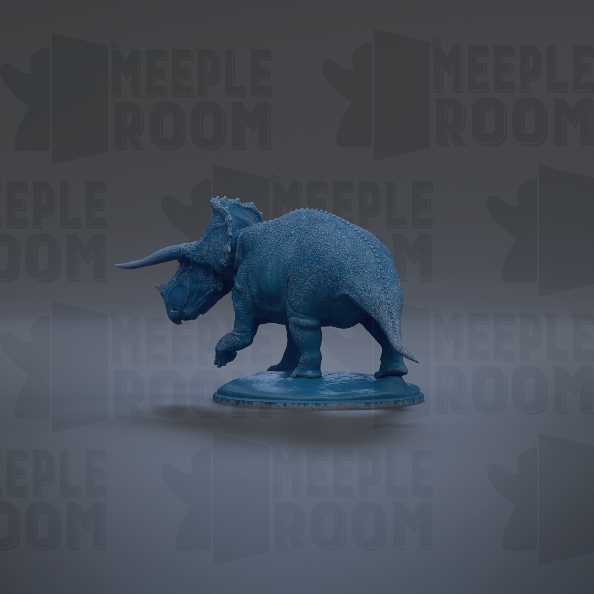 A blue toy dinosaur figurine is displayed against a dark background with repeated text.