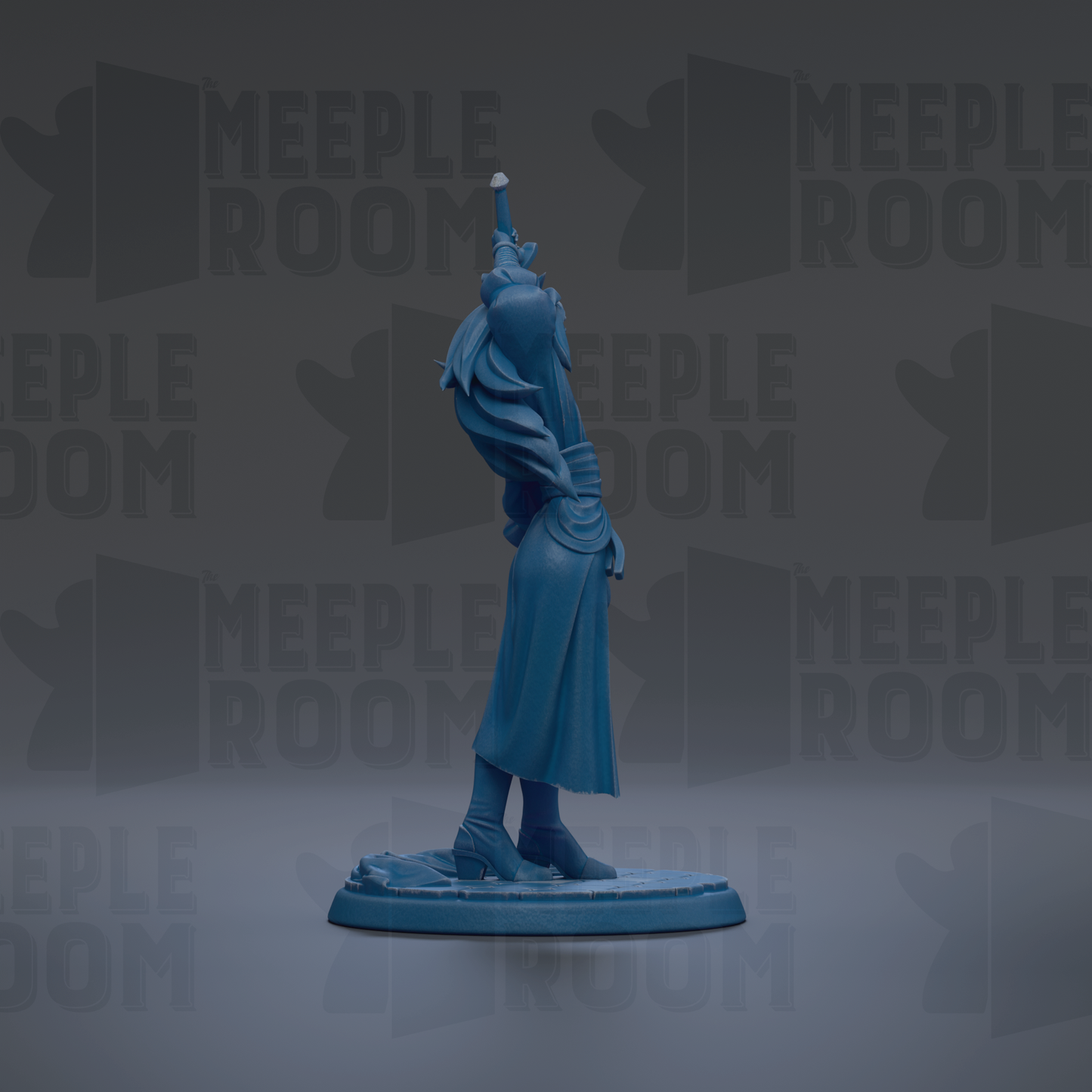 A blue figurine of a person standing on a base, with the word "MEUPLE ROOM" repeated in the background.