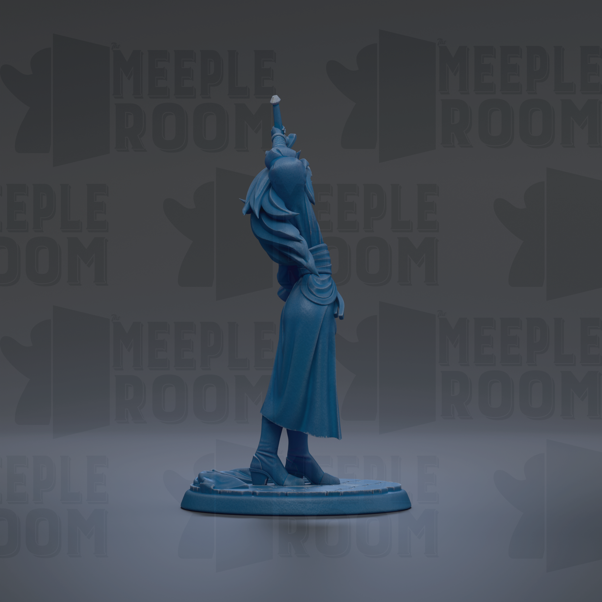 A blue figurine of a person standing on a base, with the word "MEUPLE ROOM" repeated in the background.