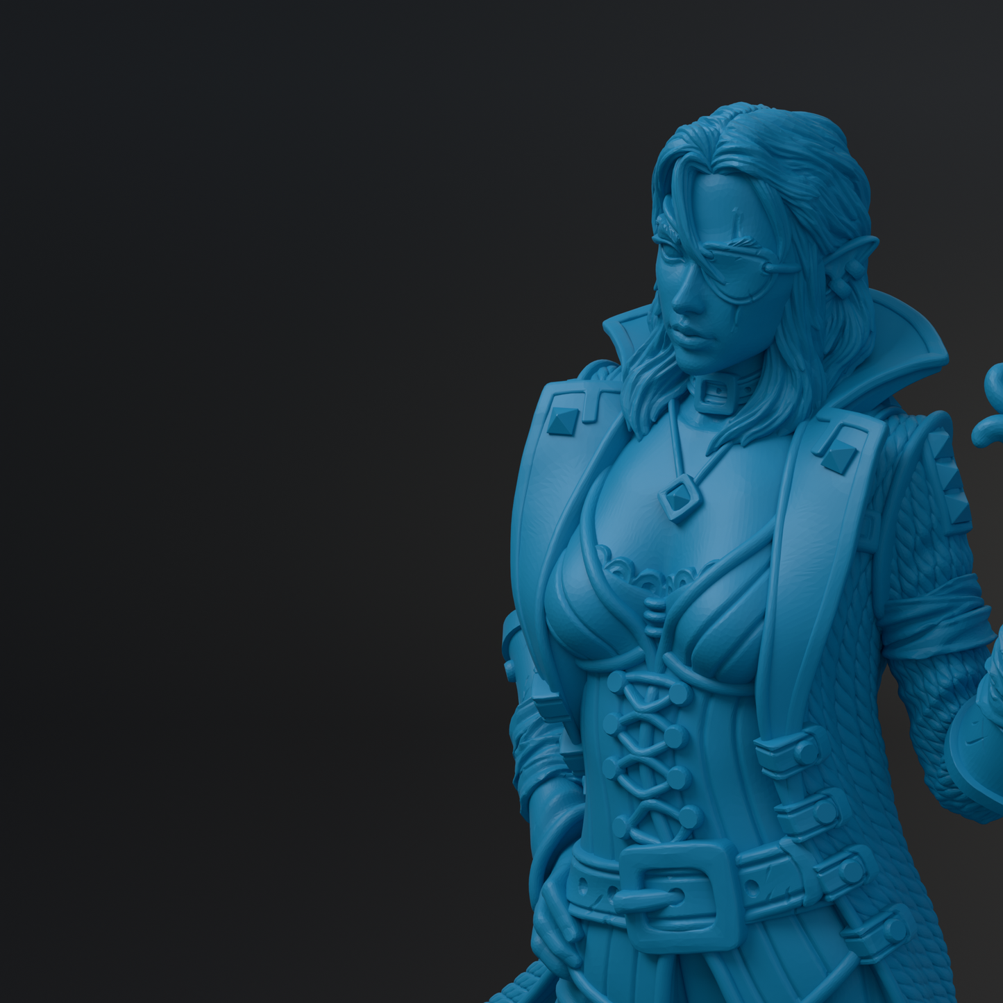 A 3D rendering of a female character in a blue color, wearing a corset and holding a weapon.