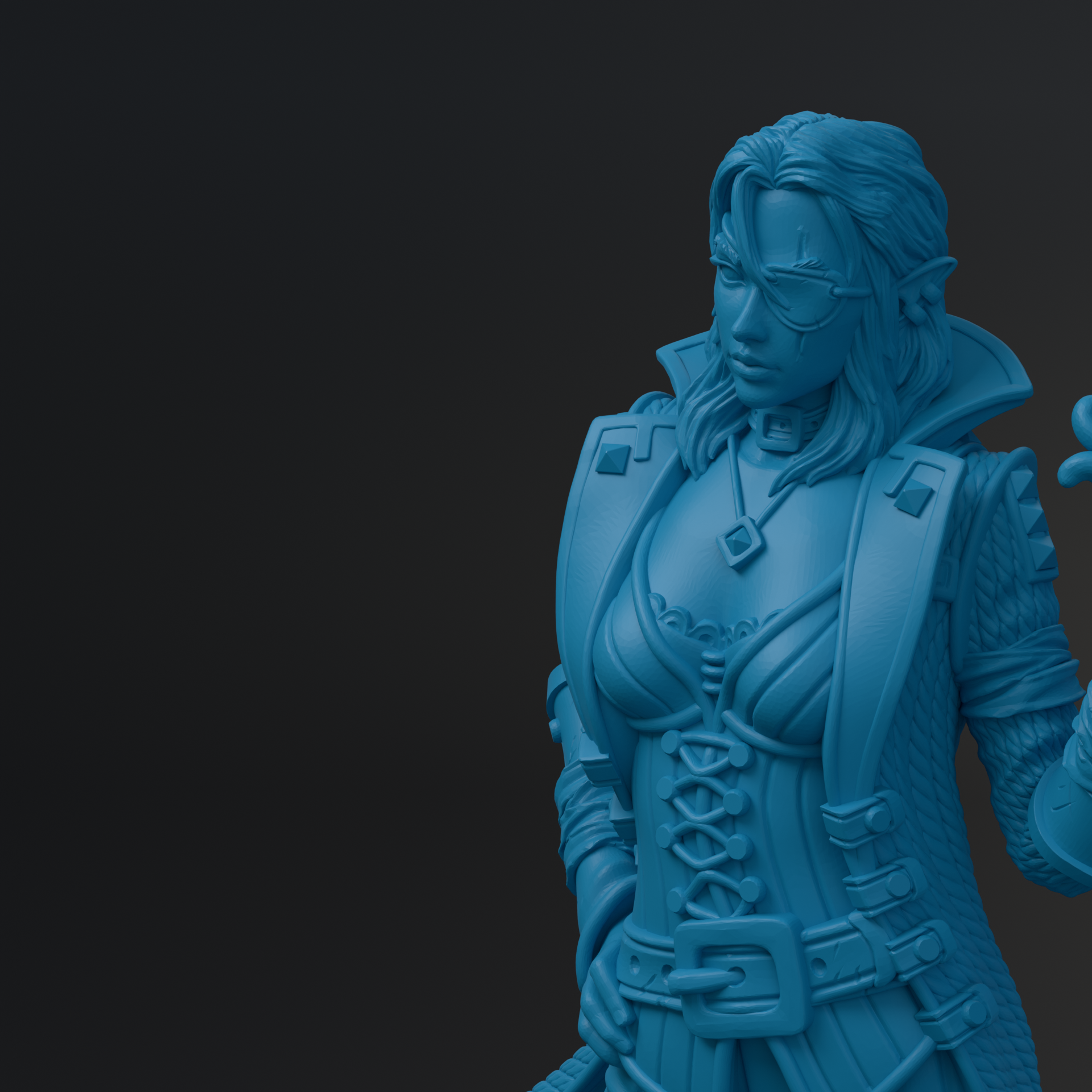 A 3D rendering of a female character in a blue color, wearing a corset and holding a weapon.