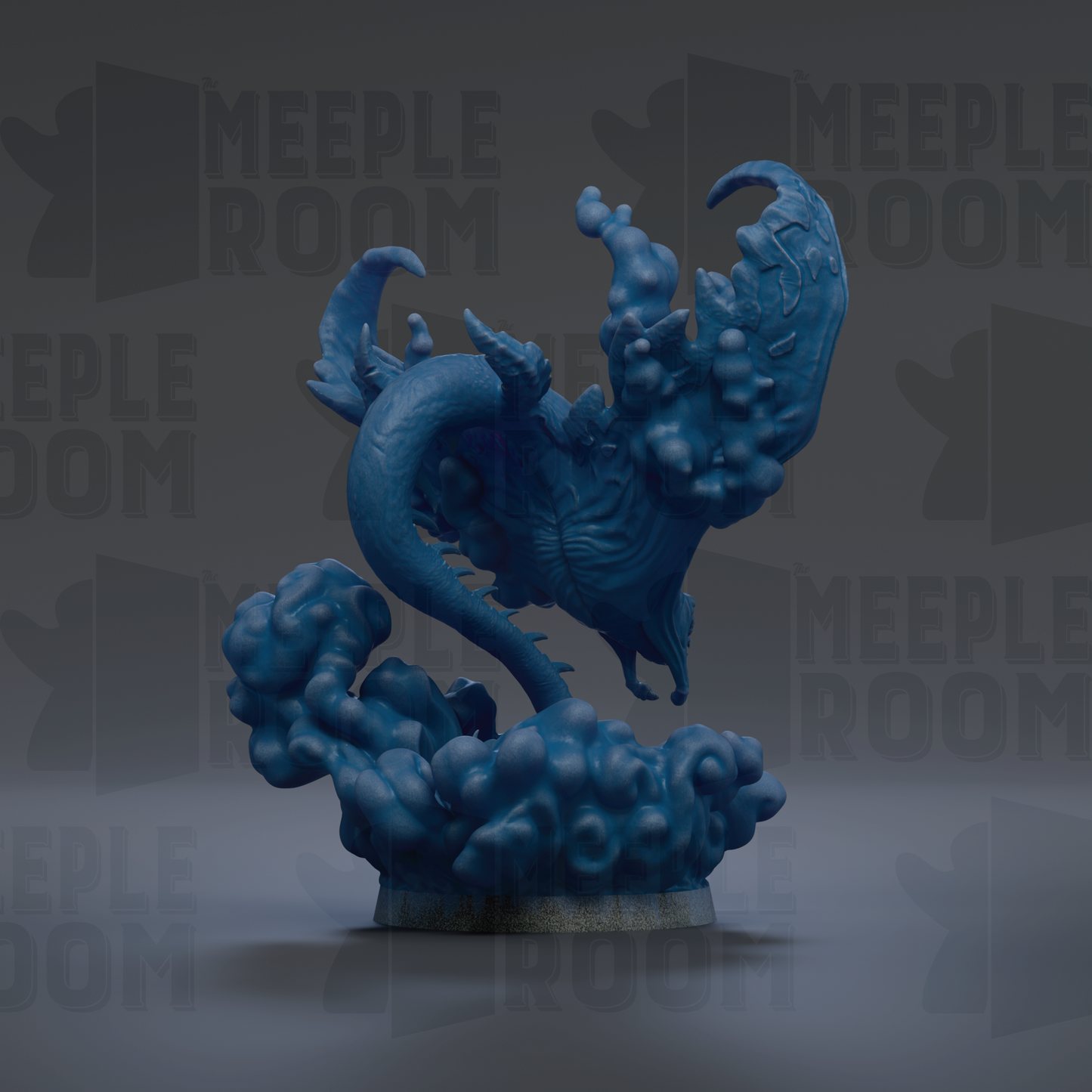 A 3D rendering of a blue, fantastical creature with a large head and long, curved body, surrounded by clouds or mist.