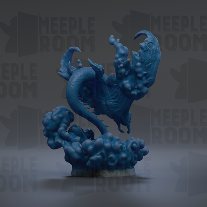 A 3D rendering of a blue, fantastical creature with a large head and long, curved body, surrounded by clouds or mist.