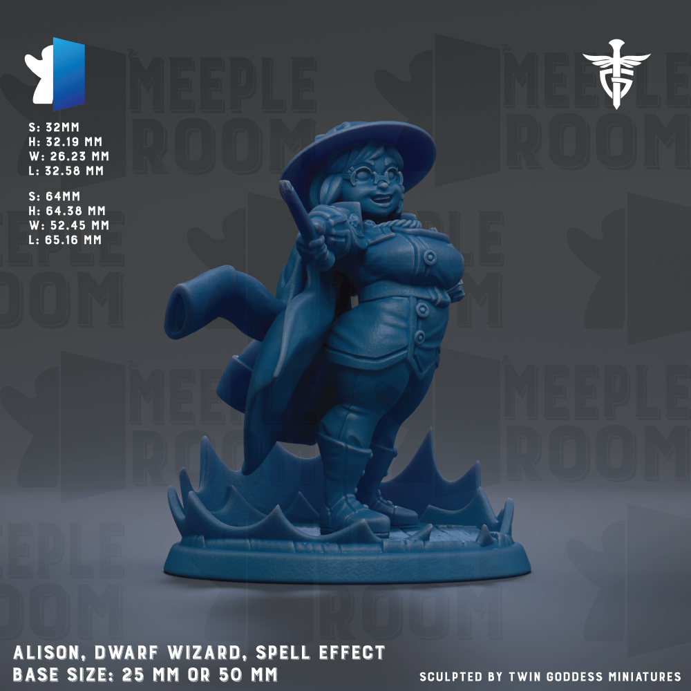 A figurine of a dwarfed wizard, specifically a spell effect, with a blue color scheme. The figurine is described as a base size of 25mm or 50mm.