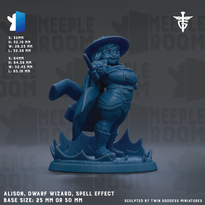 A figurine of a dwarfed wizard, specifically a spell effect, with a blue color scheme. The figurine is described as a base size of 25mm or 50mm.