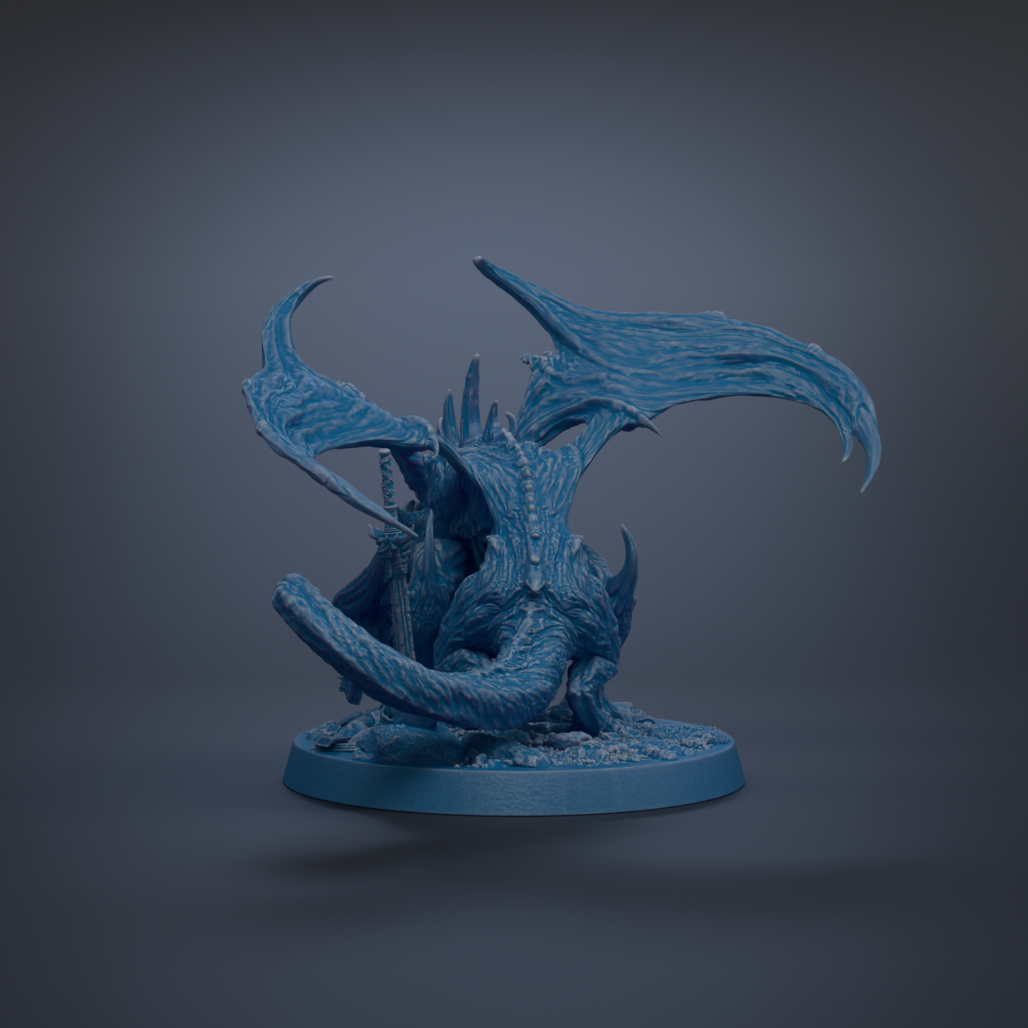 A 3D rendering of a blue dragon-like creature with sharp teeth and claws, standing on a blue base against a dark background.