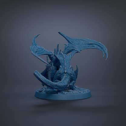 A 3D rendering of a blue dragon-like creature with sharp teeth and claws, standing on a blue base against a dark background.