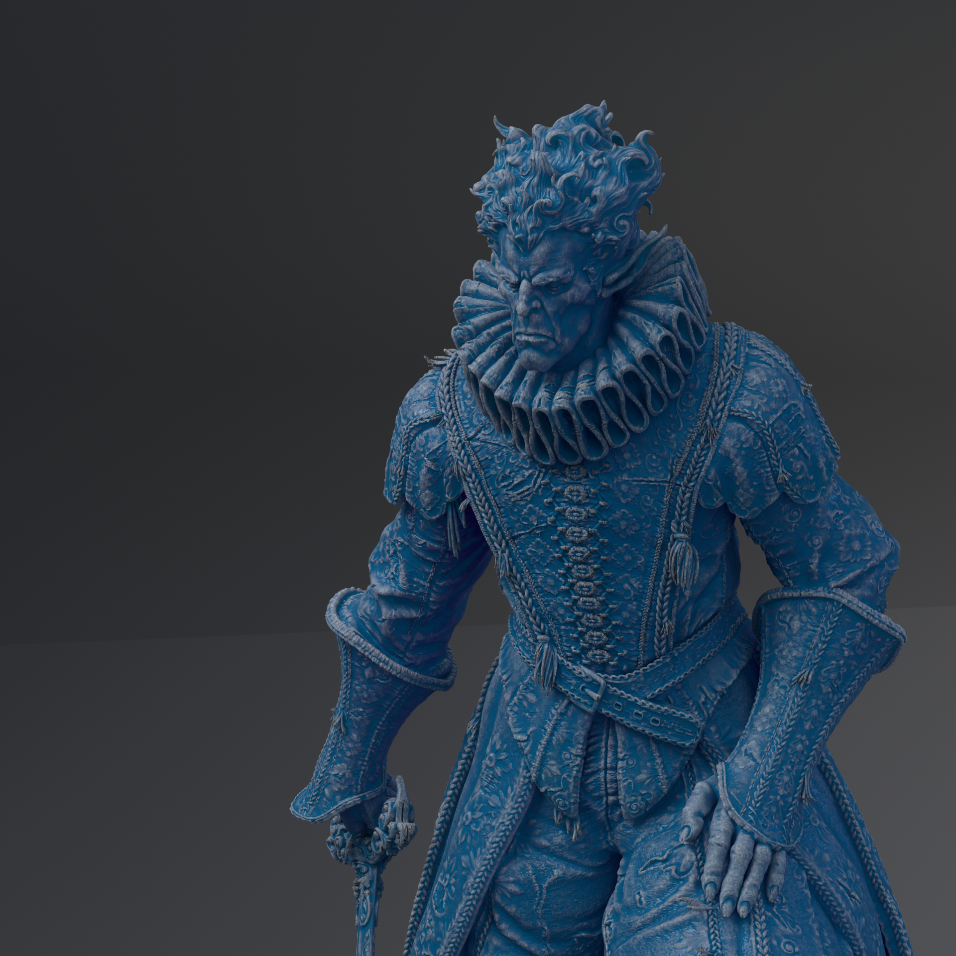 A detailed 3D rendering of a blue-colored statue depicting a man with a stern expression, wearing ornate clothing and holding a sword.