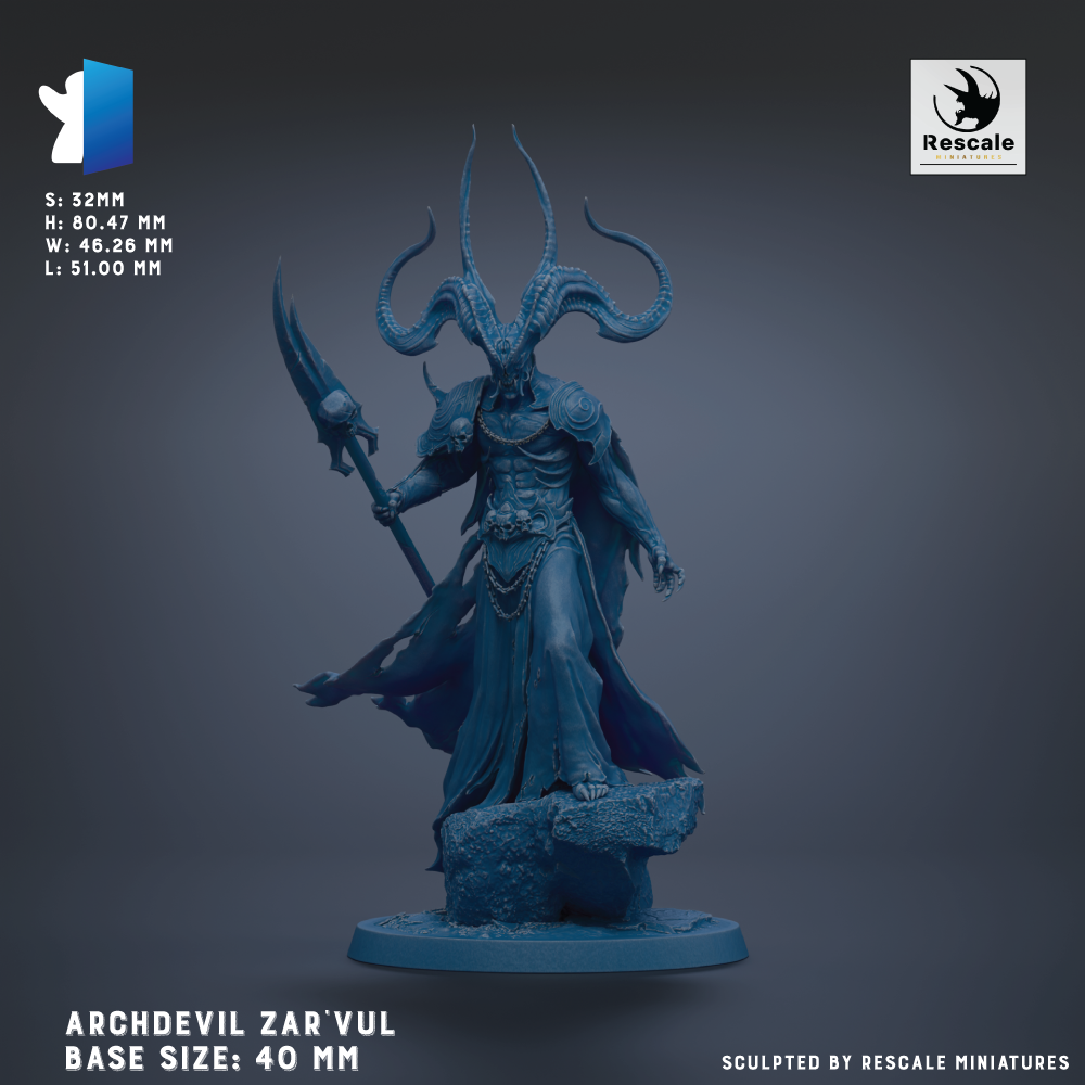 a figurine of a character with horns and a flowing robe, standing on a rock. The figurine is blue in color and appears to be a detailed representation of a fantasy creature or deity.