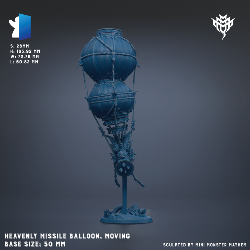 A blue, spherical missile balloon sculpture is shown against a dark background.