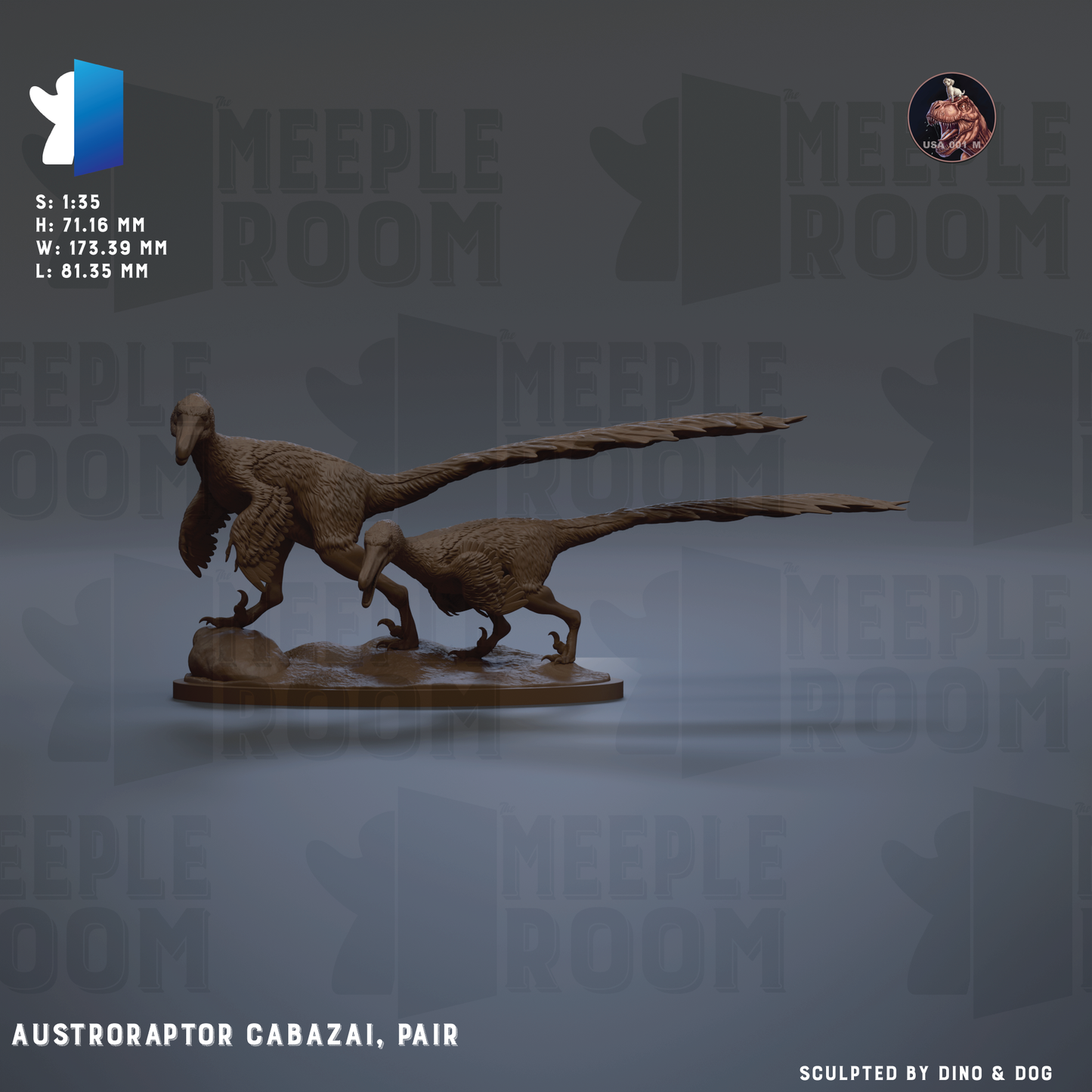 a pair of AUSTROAPTOR CABAZAI sculptures, with one sculpture positioned on a rock and the other on the ground. The sculptures are made of a brown material and are displayed against a gray background.