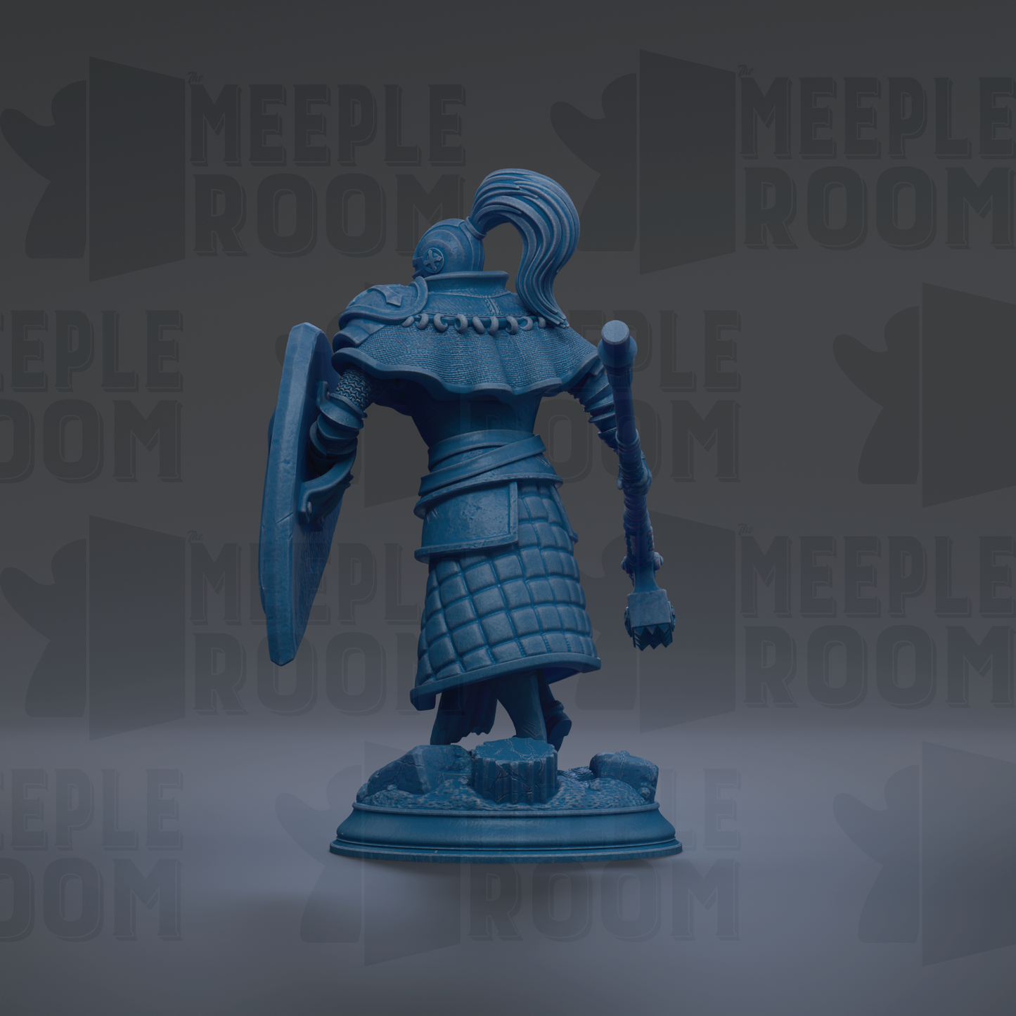 A blue figurine of a knight standing on a base, with the text "MEUPLE ROOM" repeated in the background.