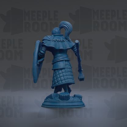 A blue figurine of a knight standing on a base, with the text "MEUPLE ROOM" repeated in the background.