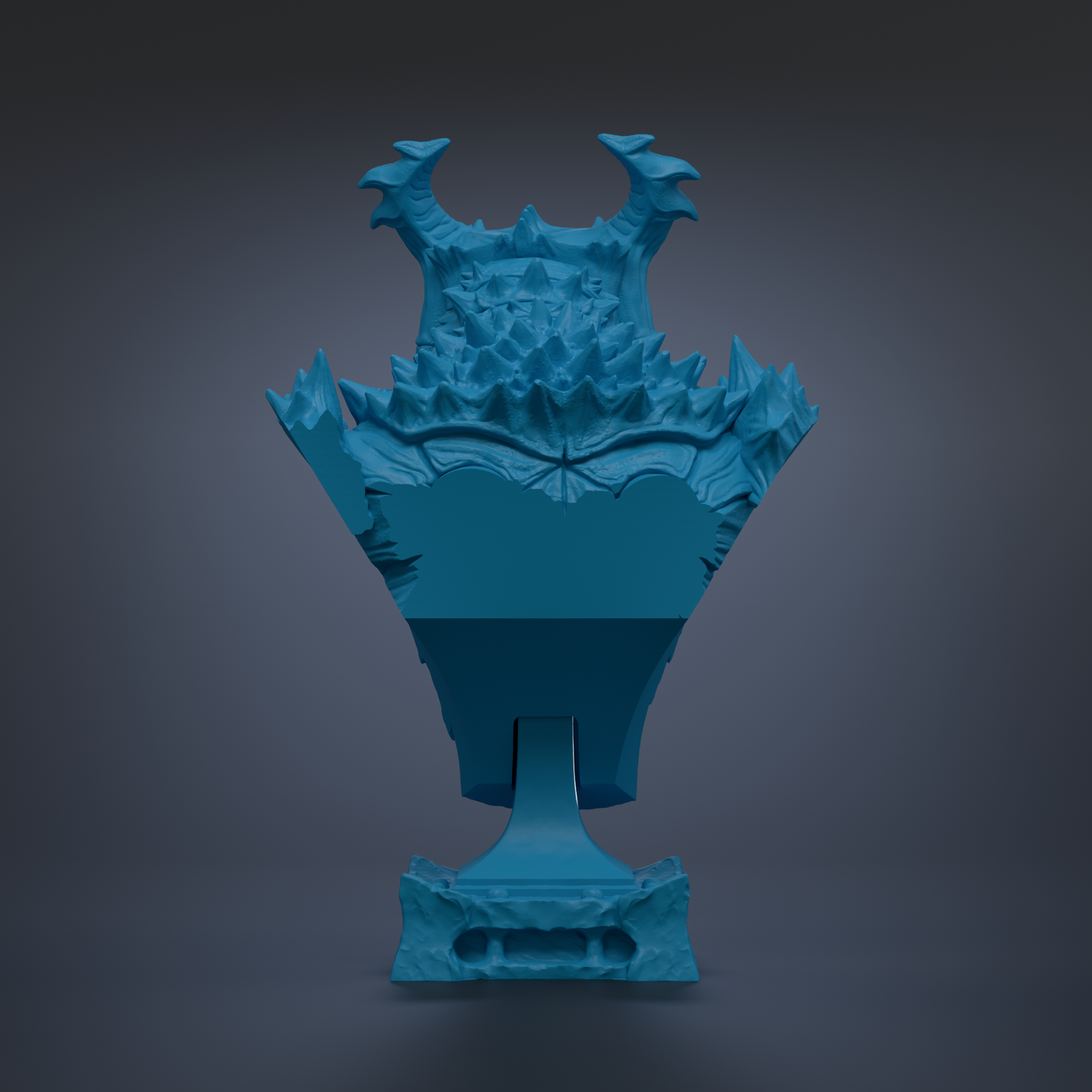 A blue, ornate vase or sculpture with intricate details and a textured surface, standing alone against a dark background.