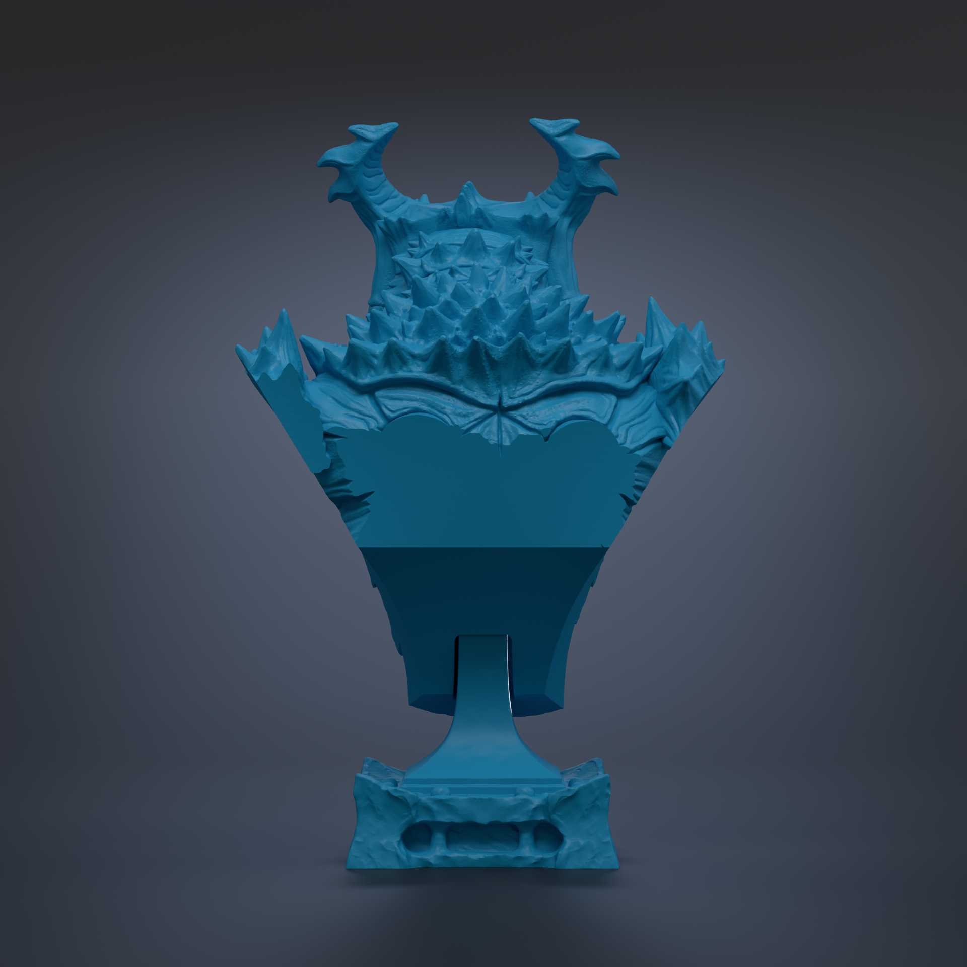 A blue, ornate vase or sculpture with intricate details and a textured surface, standing alone against a dark background.