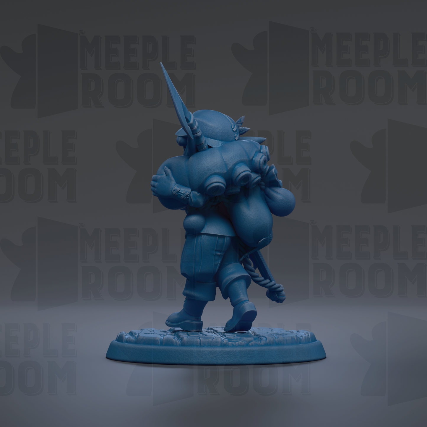 A blue figurine of a person holding a large object, possibly a bag or a shield, standing on a platform.