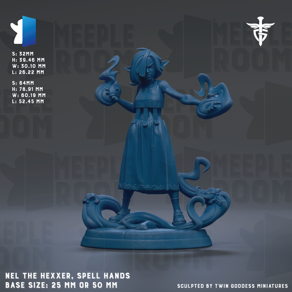 The image is a 3D rendering of a figurine of a woman with a blue dress and a sword, standing on a base. The figurine is described as being a "Nel the Hexxer, Spell Hands" and is shown in various sizes, including 25mm and 50mm. The figurine is sculpted by "Twin goddesses" and is described as being "base size: 25mm or 50mm".