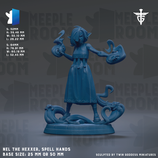 The image is a 3D rendering of a figurine of a woman with a blue dress and a sword, standing on a base. The figurine is described as being a "Nel the Hexxer, Spell Hands" and is shown in various sizes, including 25mm and 50mm. The figurine is sculpted by "Twin goddesses" and is described as being "base size: 25mm or 50mm".