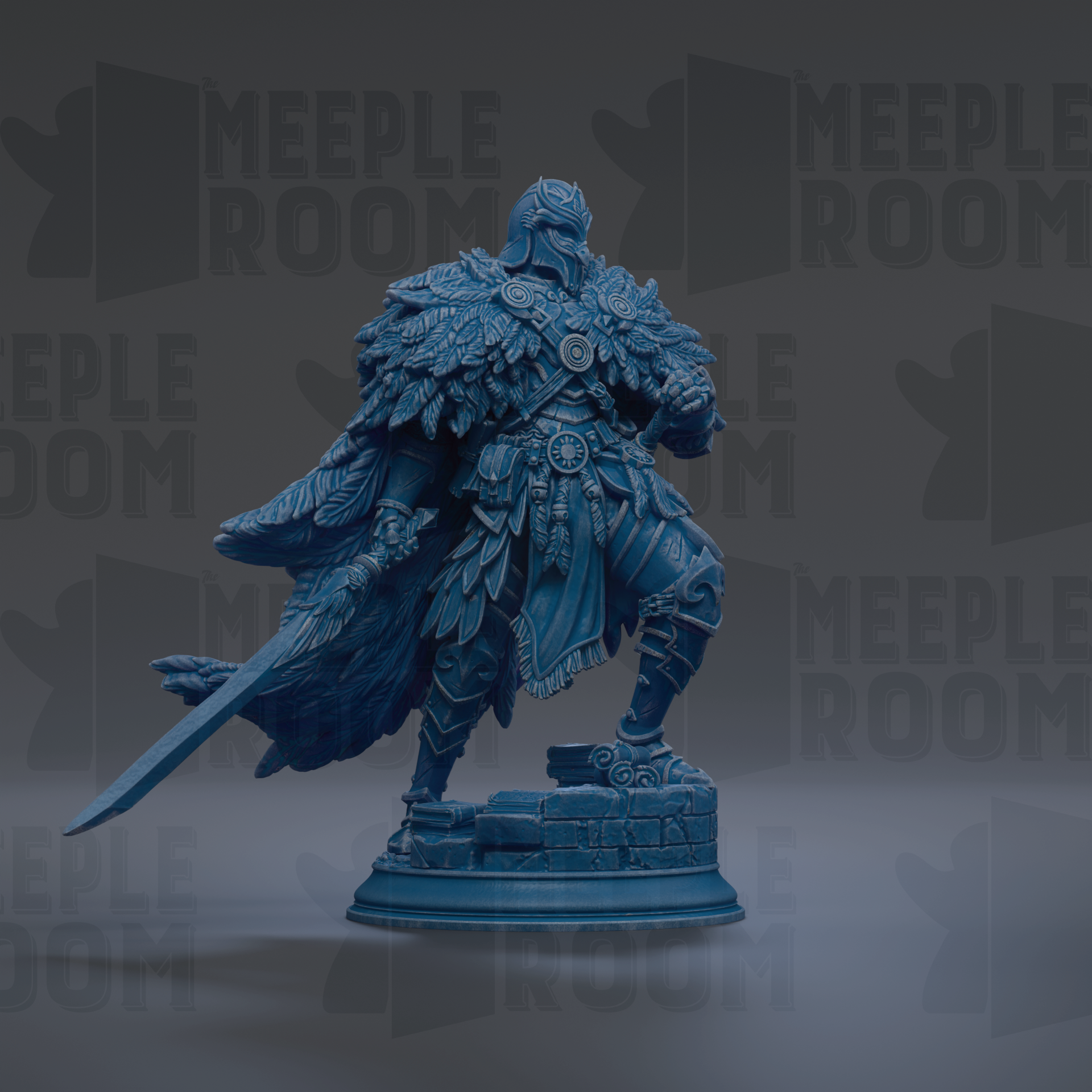 A detailed 3D model of a warrior figure, standing on a pedestal and holding a sword. The figure is wearing a large, ornate helmet and has a flowing cape. The background features the text "MEUPLE ROOM" repeated multiple times, suggesting the image is part of a larger collection or series.
