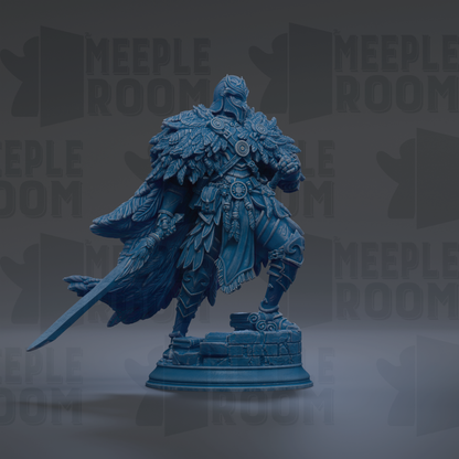 A detailed 3D model of a warrior figure, standing on a pedestal and holding a sword. The figure is wearing a large, ornate helmet and has a flowing cape. The background features the text "MEUPLE ROOM" repeated multiple times, suggesting the image is part of a larger collection or series.