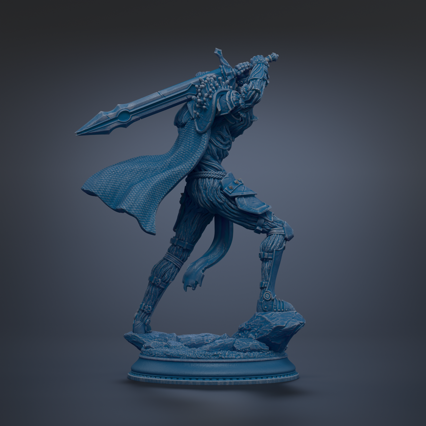A blue statue of a warrior figure holding a sword and shield, standing on a rock base against a dark background.