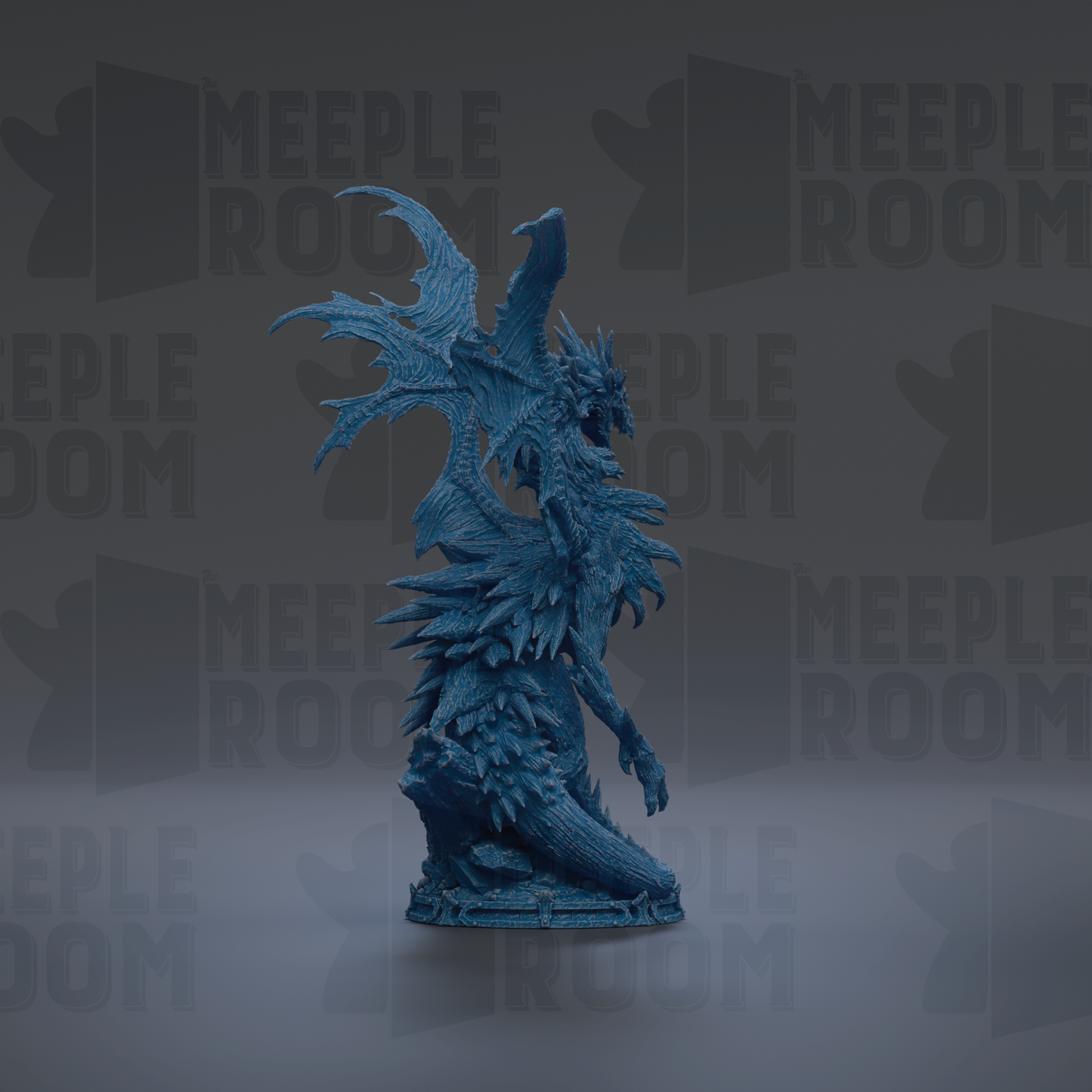 A blue dragon statue with wings spread, standing on a gray surface against a dark background with repeated text.