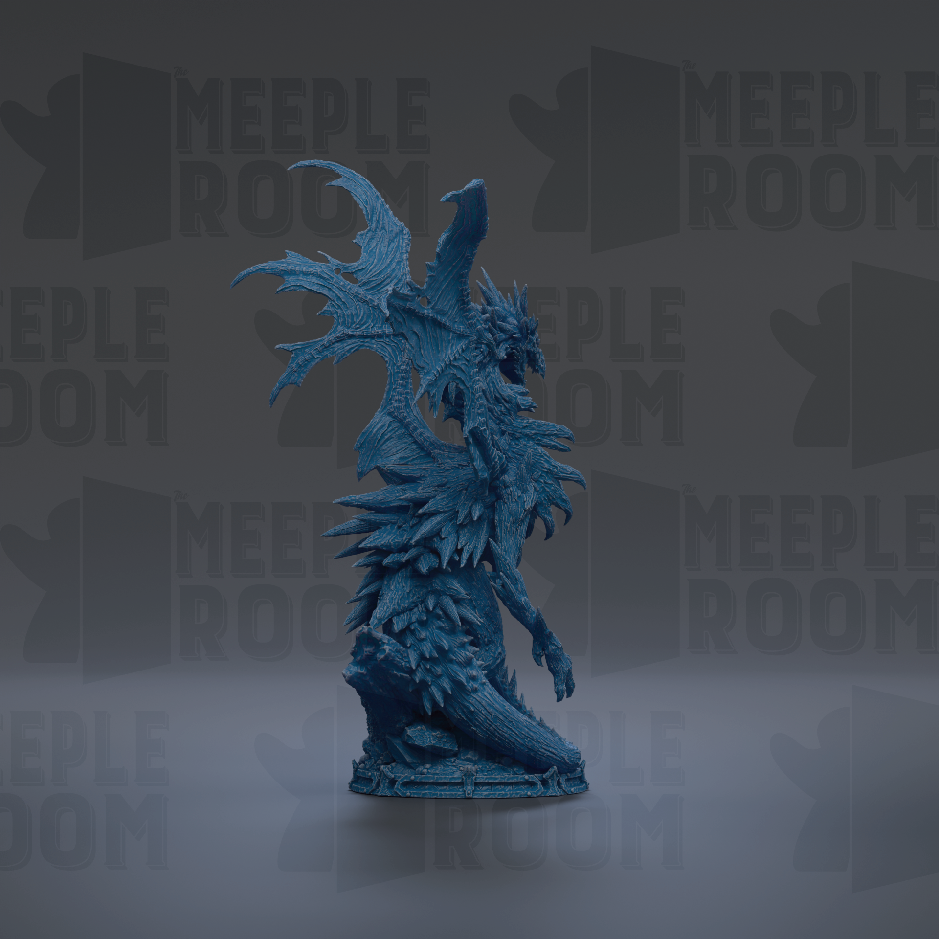 A blue dragon statue with wings spread, standing on a gray surface against a dark background with repeated text.