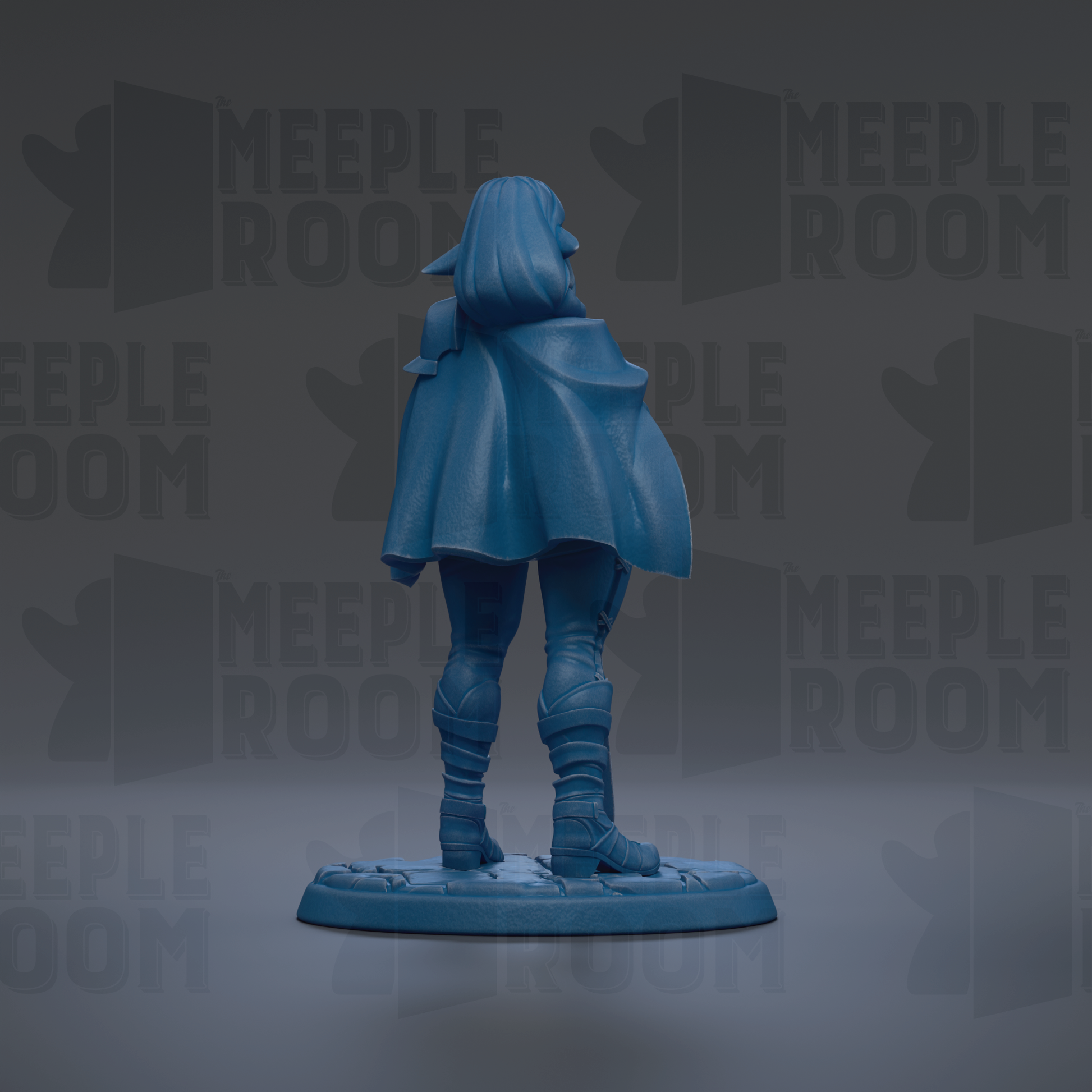 A blue figurine of a person standing on a platform, with the text "MEEPLE ROOM" repeated in the background.