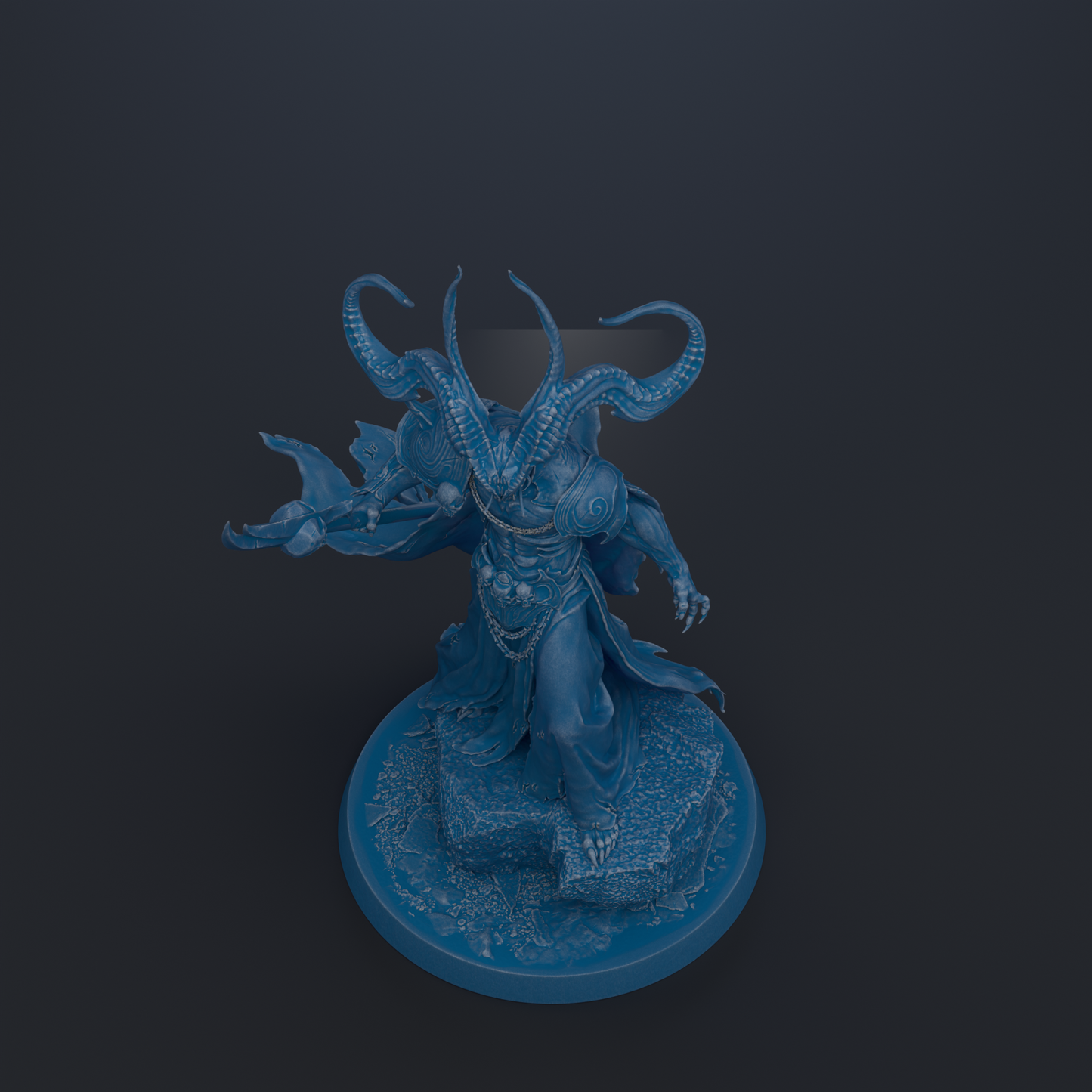 A blue, fantastical creature with horns and a flowing cape stands on a rock formation against a dark background.