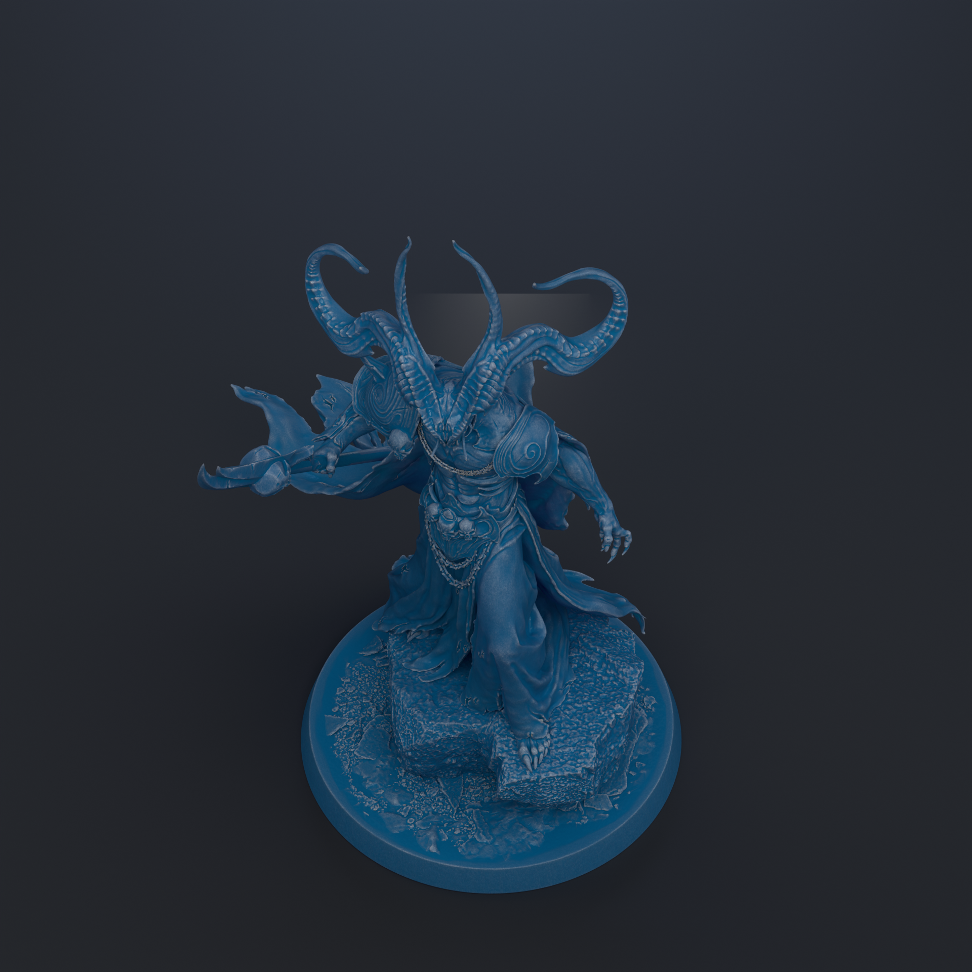 A blue, fantastical creature with horns and a flowing cape stands on a rock formation against a dark background.