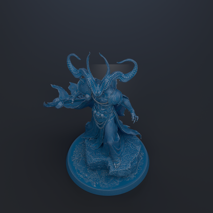 A blue, fantastical creature with horns and a flowing cape stands on a rock formation against a dark background.