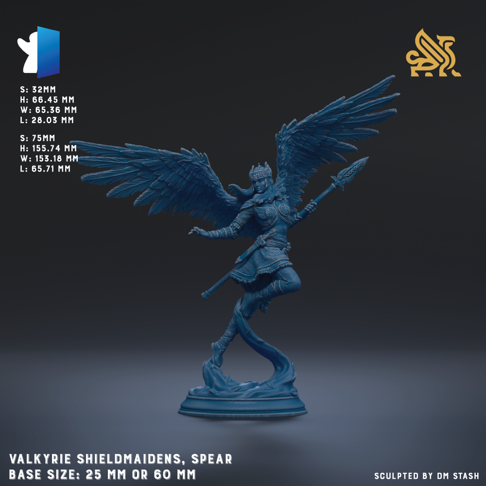 The image is a 3D rendering of a female warrior figure with wings, holding a spear, and standing on a pedestal. The figure is depicted in a blue color, and the background is dark. The image is described as a sculpture of a female warrior, and it is shown in a 3D format. The base size of the sculpture is either 25mm or 60mm. The image is not a collage of multiple images, and it does not include any text. The image does not contain any redundancy or vague wording.