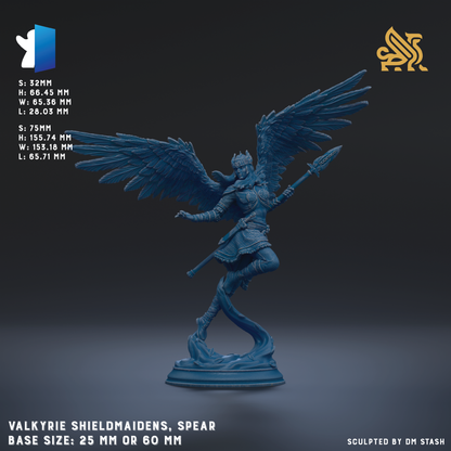 The image is a 3D rendering of a female warrior figure with wings, holding a spear, and standing on a pedestal. The figure is depicted in a blue color, and the background is dark. The image is described as a sculpture of a female warrior, and it is shown in a 3D format. The base size of the sculpture is either 25mm or 60mm. The image is not a collage of multiple images, and it does not include any text. The image does not contain any redundancy or vague wording.