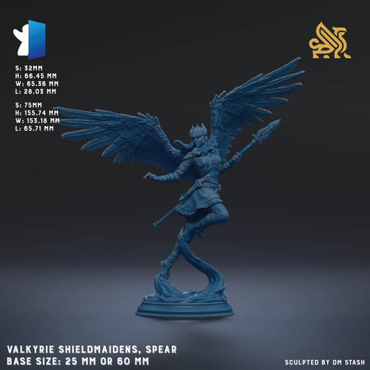 The image is a 3D rendering of a female warrior figure with wings, holding a spear, and standing on a pedestal. The figure is depicted in a blue color, and the background is dark. The image is described as a sculpture of a female warrior, and it is shown in a 3D format. The base size of the sculpture is either 25mm or 60mm. The image is not a collage of multiple images, and it does not include any text. The image does not contain any redundancy or vague wording.