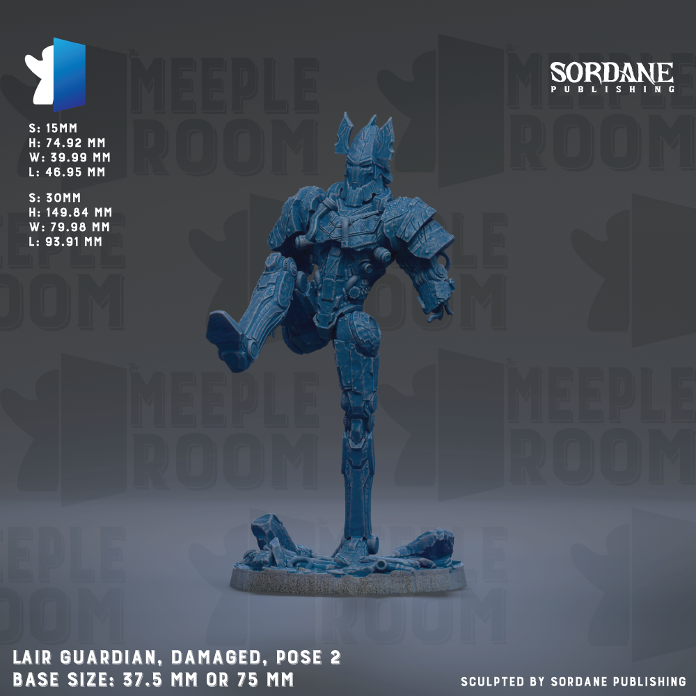 a detailed blue statue of a guardian character, with a damaged pose and a base size of 37.95 mm or 75 mm.