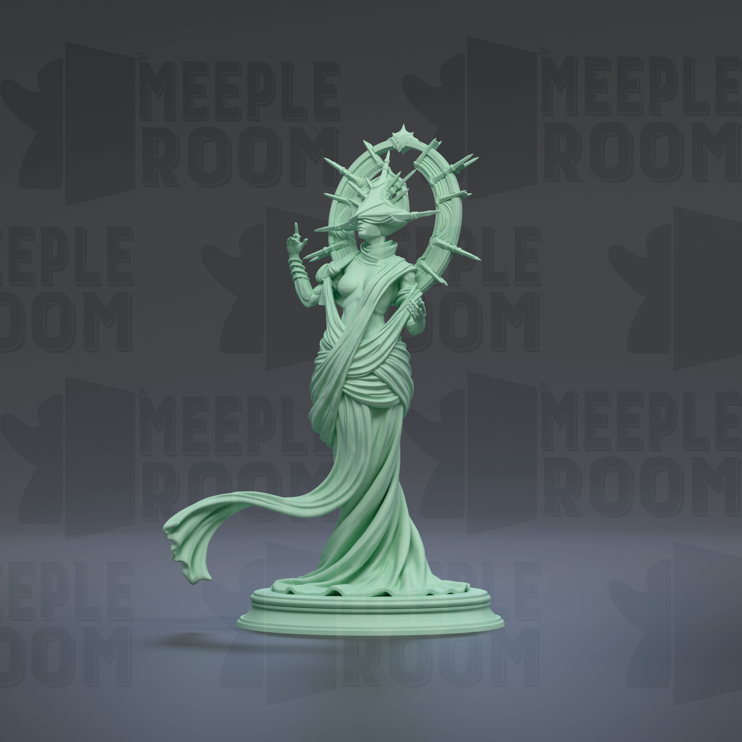 A statue of a woman with a crown and flowing robes, standing on a pedestal.